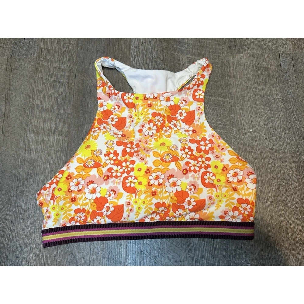 Aerie Bikini Top High Neck Racerback Retro Floral‎ Red Orange Yellow L